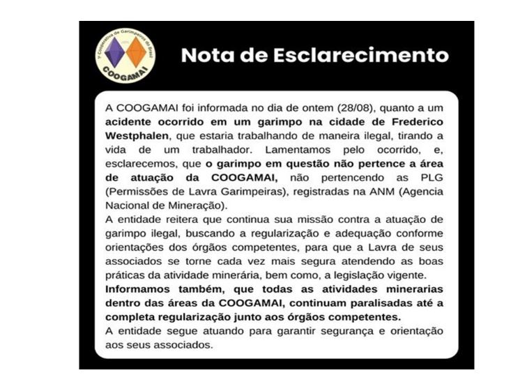 COOGAMAI divulga nota de esclarecimento sobre acidente em garimpo irregular